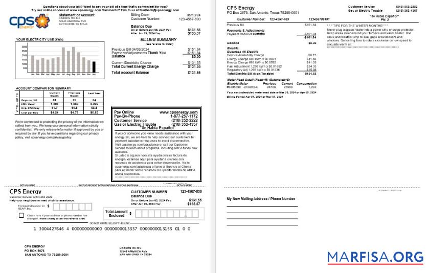 Printable USA CPS ENERGY business utility bill Word and PDF template
